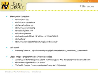 Références


       Exemples d’utilisation
          http://dbpedia.org
          http://dbpedia.neofonie.de
          http://www.freebase.org
          http://www.geonames.org/
          http://data.nytimes.com
          http://catalogue.bnf.fr
          http://catalogue.bnf.fr/ark:/12148/cb119297200/PUBLIC
          http://viaf.org/
          http://www.archivesdefrance.culture.gouv.fr/thesaurus/

       Voir aussi
          WebId http://www.w3.org/2011/identity-ws/papers/idbrowser2011_submission_22/webid.html


       Crédit image : Diagramme du web de données
          Maintenu par Richard Cyganiak (DERI, NUI Galway) and Anja Jentzsch (Freie Universität Berlin)
          http://richard.cyganiak.de/2007/10/lod/
          CC-BY-SA Creative Common Attribution-ShareLike 3,0 Unported


© Klee Group  Prez Flash  Web sémantique  Jérôme Mainaud
 