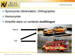 Folksonomie


  Synonymie (Abréviation, Orthographe)
  Homonymie
  Amplifié dans un contexte multilingue

                  Voiture




                      Car




© Klee Group  Prez Flash  Web sémantique  Jérôme Mainaud
 