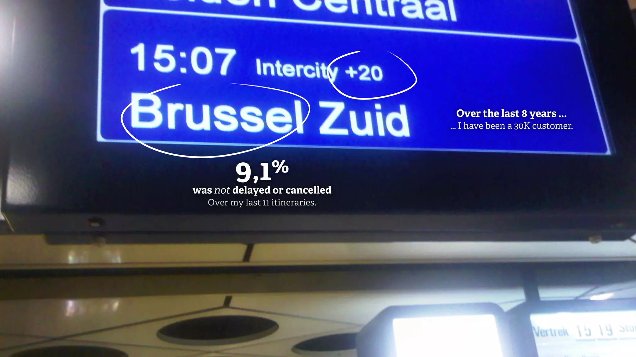 Over the last 8 years ...
                                  ... I have been a 30K customer.




         9,1 %
was not delayed or cancelled
   Over my last 11 itineraries.
 