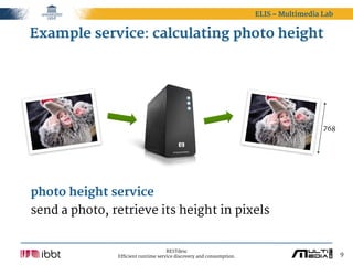 ELIS – Multimedia Lab


Example service: calculating photo height




                                                                                        768




photo height service
send a photo, retrieve its height in pixels


                                     RESTdesc
               Efficient runtime service discovery and consumption.                           9
 