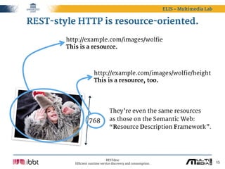 ELIS – Multimedia Lab


REST-style HTTP is resource-oriented.
        http://example.com/images/wolfie
        This is a r...