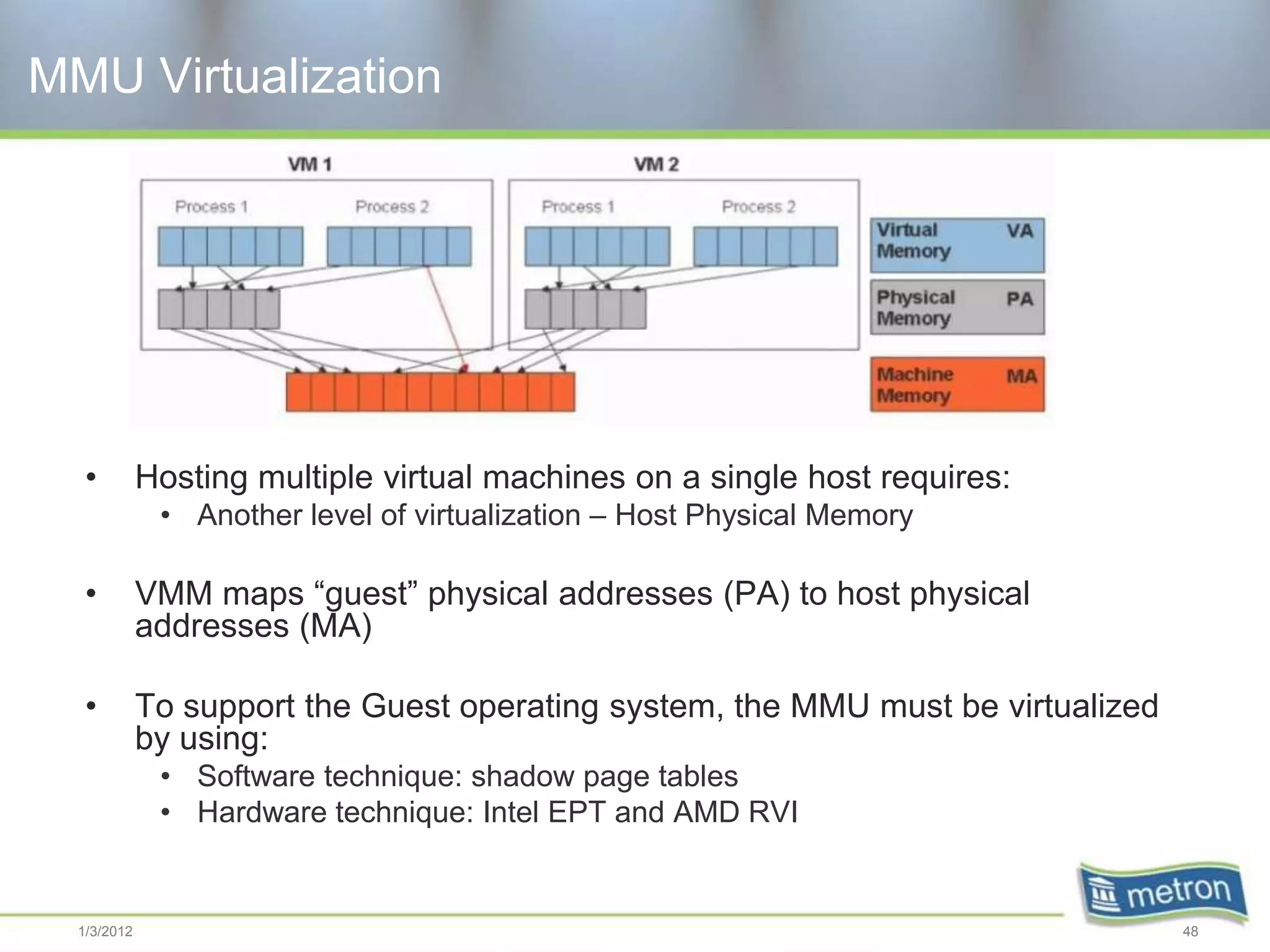MMU Virtualization




   •         Hosting multiple virtual machines on a single host requires:
              • Another level of virtualization – Host Physical Memory

   •         VMM maps “guest” physical addresses (PA) to host physical
             addresses (MA)

   •         To support the Guest operating system, the MMU must be virtualized
             by using:
              • Software technique: shadow page tables
              • Hardware technique: Intel EPT and AMD RVI


  1/3/2012                                                                        48
 