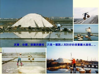 其實，收鹽、挑鹽與鹽堆，只是一種誘人而討好的視覺觀光凝視…… 
