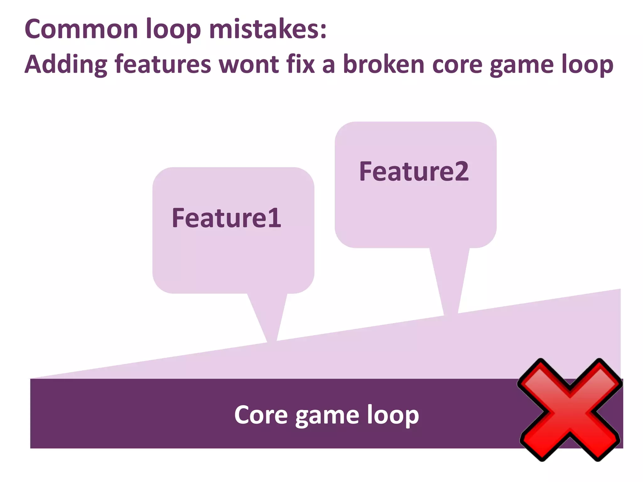 Common loop mistakes:
Adding features wont fix a broken core game loop


                           Feature2
           Feature1




                 Core game loop
 