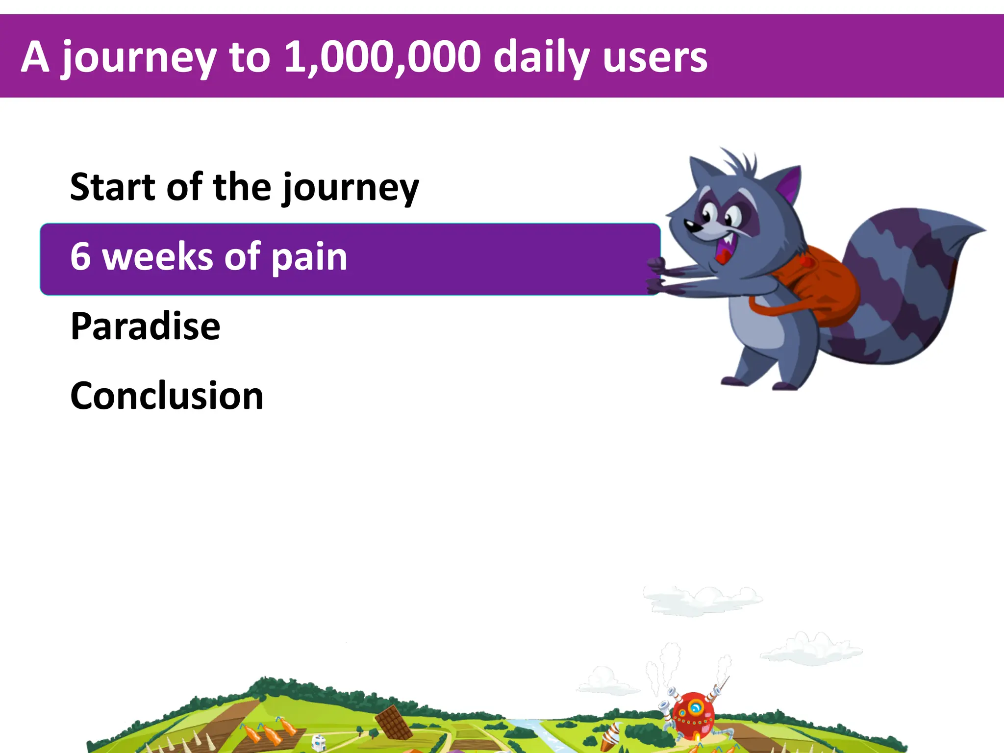 A  journey  to  1,000,000  daily  users

  Start  of  the  journey
  6  weeks  of  pain
  Paradise
  Conclusion
 
