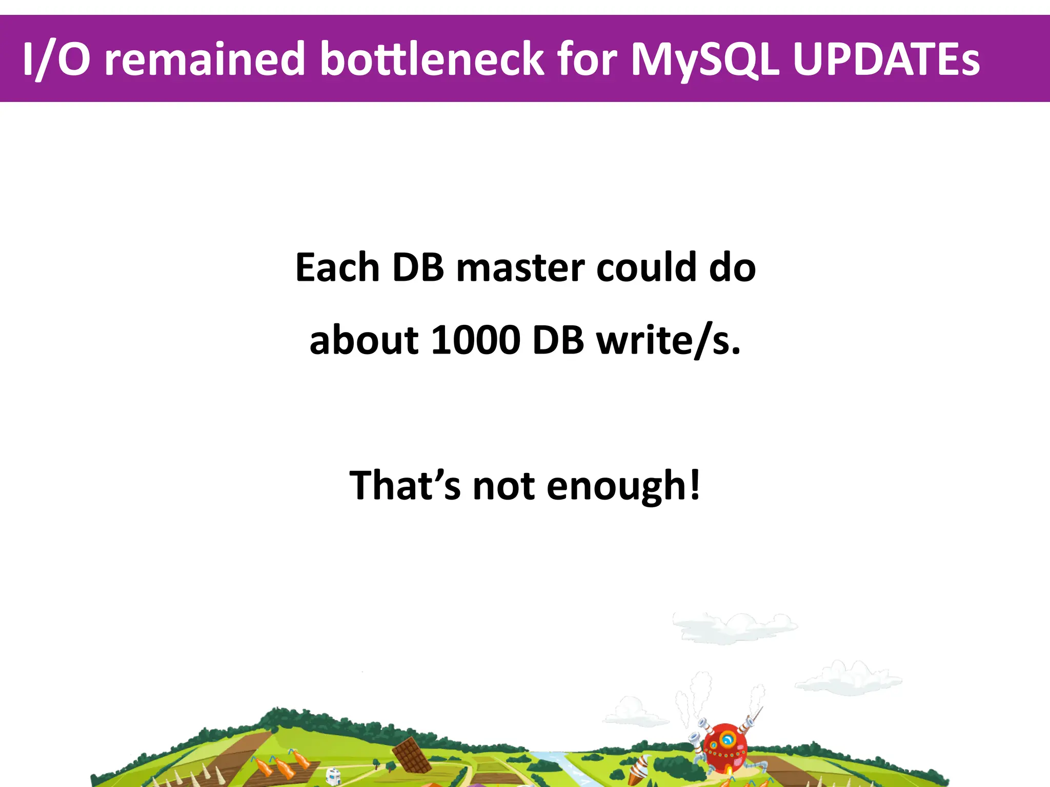 I/O  remained  bo^leneck  for  MySQL  UPDATEs



            Each  DB  master  could  do
             about  1000  DB  write/s.


               That’s  not  enough!
 