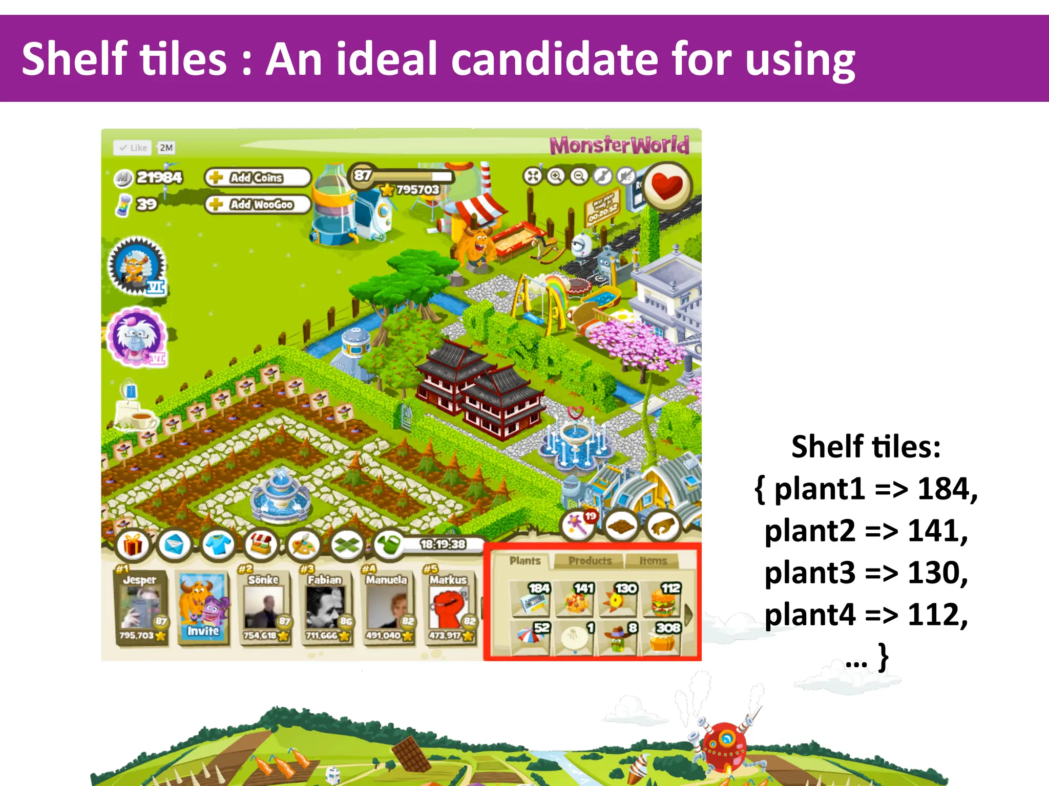 Shelf  Kles  :  An  ideal  candidate  for  using  




                                               Shelf  Kles:
                                           {  plant1  =>  184,
                                            plant2  =>  141,
                                            plant3  =>  130,
                                            plant4  =>  112,
                                                   …  }
 