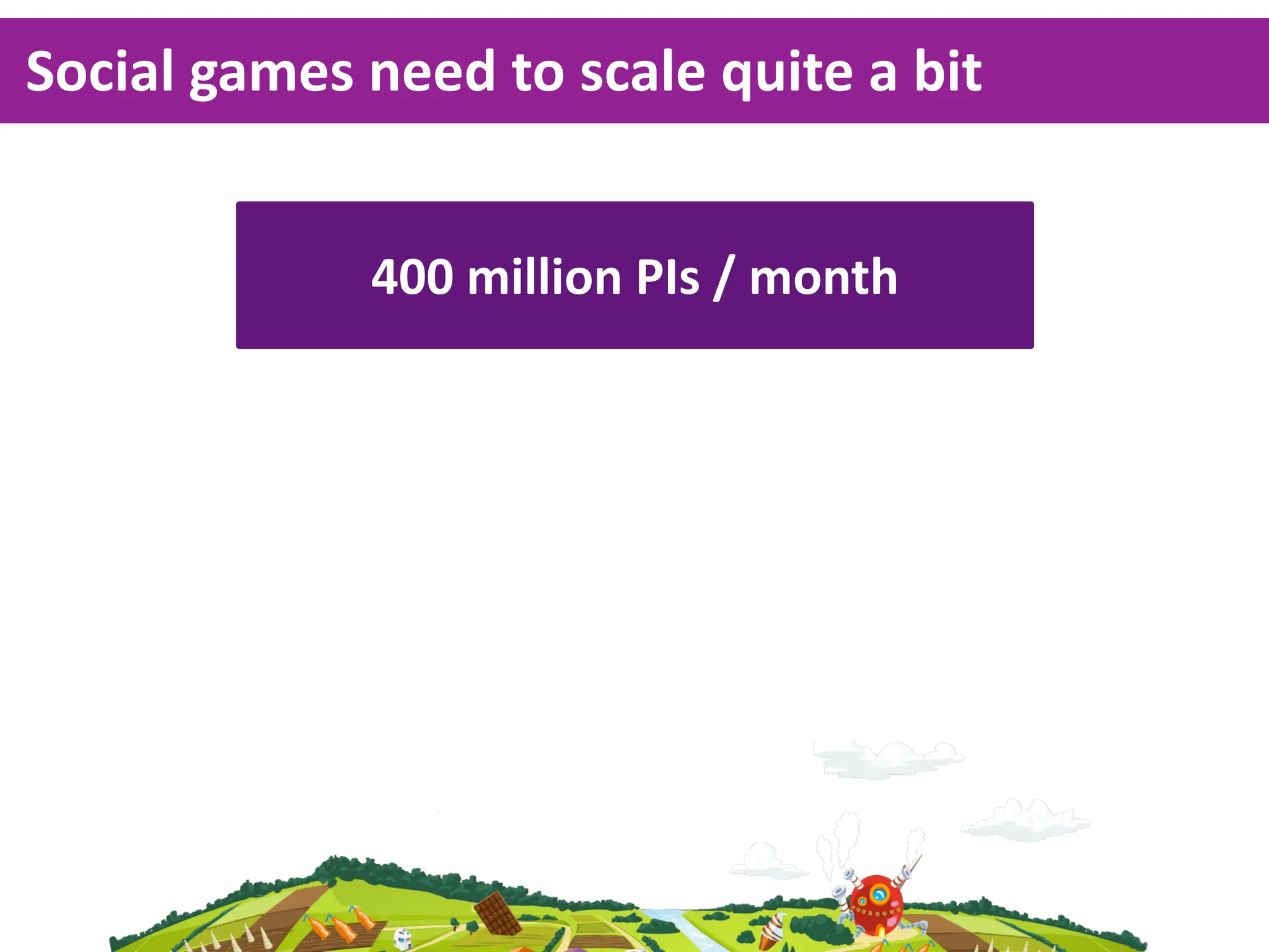 Social  games  need  to  scale  quite  a  bit


                400  million  PIs  /  month
 