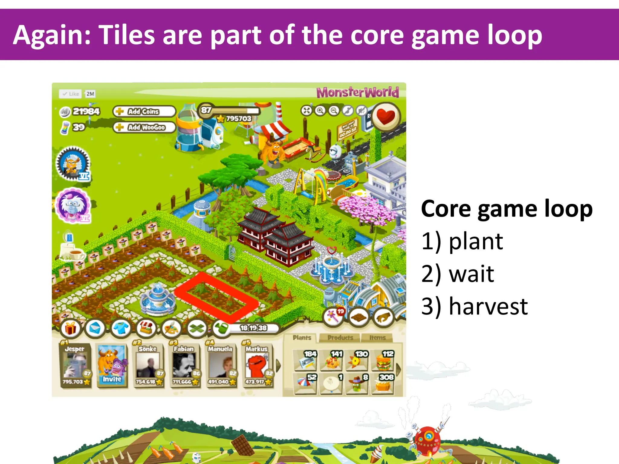 Again:  Tiles  are  part  of  the  core  game  loop




                                       Core  game  loop
                                       1)  plant
                                       2)  wait
                                       3)  harvest
 