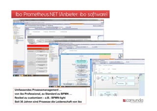 Ibo Prometheus.NET (Anbieter: ibo software)




Umfassendes Prozessmanagement …
von ib P f
    ibo Professional, zu St d d zu BPMN …
               i   l     Standard
flexibel zu customizen – z.B.: BPMN-light
Seit 30 Jahren sind Prozesse die Leidenschaft von ibo
 