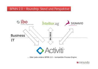 BPMN 2.0 – Roundtrip: Stand und Perspektive




                                         012
Business
B i



                                     04/20
IT




            ... Oder jede andere BPMN 2.0 – kompatible Process Engine
                     j                         p                 g
 