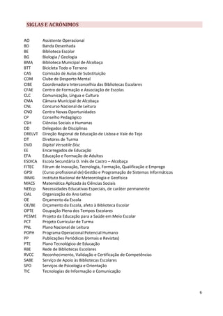 SIGLAS E ACRÓNIMOS

AO       Assistente Operacional
BD       Banda Desenhada
BE       Biblioteca Escolar
BG       Biologia / Geologia
BMA      Biblioteca Municipal de Alcobaça
BTT      Bicicleta Todo o Terreno
CAS      Comissão de Aulas de Substituição
CDM      Clube de Desporto Mental
CIBE     Coordenadora Interconcelhia das Bibliotecas Escolares
CFAE     Centro de Formação e Associação de Escolas
CLC      Comunicação, Língua e Cultura
CMA      Câmara Municipal de Alcobaça
CNL      Concurso Nacional de Leitura
CNO      Centro Novas Oportunidades
CP       Conselho Pedagógico
CSH      Ciências Sociais e Humanas
DD       Delegados de Disciplinas
DRELVT   Direção Regional de Educação de Lisboa e Vale do Tejo
DT       Diretores de Turma
DVD      Digital Versatile Disc
EE       Encarregados de Educação
EFA      Educação e Formação de Adultos
ESDICA   Escola Secundária D. Inês de Castro – Alcobaça
FITEC    Fórum de Inovação, Tecnologia, Formação, Qualificação e Emprego
GPSI     (Curso profissional de) Gestão e Programação de Sistemas Informáticos
INMG     Instituto Nacional de Meteorologia e Geofísica
MACS     Matemática Aplicada às Ciências Sociais
NEEcp    Necessidades Educativas Especiais, de caráter permanente
OAL      Organização do Ano Letivo
OE       Orçamento da Escola
OE/BE    Orçamento da Escola, afeto à Biblioteca Escolar
OPTE     Ocupação Plena dos Tempos Escolares
PESME    Projeto da Educação para a Saúde em Meio Escolar
PCT      Projeto Curricular de Turma
PNL      Plano Nacional de Leitura
POPH     Programa Operacional Potencial Humano
PP       Publicações Periódicas (Jornais e Revistas)
PTE      Plano Tecnológico de Educação
RBE      Rede de Bibliotecas Escolares
RVCC     Reconhecimento, Validação e Certificação de Competências
SABE     Serviço de Apoio às Bibliotecas Escolares
SPO      Serviços de Psicologia e Orientação
TIC      Tecnologias de Informação e Comunicação



                                                                                 6
 
