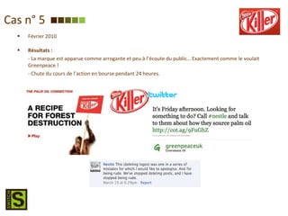 Cas n° 5 Février 2010 Résultats : - La marque est apparue comme arrogante et peu à l’écoute du public… Exactement comme le voulait Greenpeace ! - Chute du cours de l’action en bourse pendant 24 heures. 