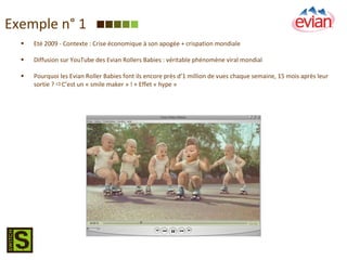 Exemple n° 1 Eté 2009 - Contexte : C rise économique à son apogée + crispation mondiale Diffusion sur YouTube des Evian Rollers Babies : véritable phénomène viral mondial Pourquoi les Evian Roller Babies font ils encore près d’1 million de vues chaque semaine, 15 mois après leur sortie ?   C’est un « smile maker » ! + Effet « hype » 