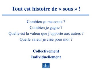Tout est histoire de « sous » !

            Combien ça me coute ?
              Combien je gagne ?
Quelle est la valeur que j’apporte aux autres ?
      Quelle valeur je crée pour moi ?

               Collectivement
              Individuellement
 
