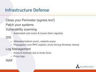 Infrastructure Defense

Close your Perimeter (egress too!)
Patch your systems
Vulnerability scanning
   – Automated vuln scans & review them regularly
IDS
   – Attempted botnet comm, network scans
   – Propogation over RPC exploits, brute forcing Windows shares
Log Management
   – Account lockouts due to brute force
   – Proxy logs
WAF
 