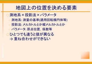 地図上の位置を決める要素
○ 測地系×投影法×パラメータ
○   測地系: 測量の基準(適用回転楕円体等)
○   投影法: メルカトルとか縦メルカトルとか
○   パラメータ: 原点位置，係数等
○ ひとつでも違うと値が異なる
 → 重ね合わせができない
 