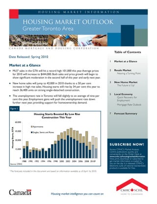 H o u s i n g           M a r k e t       I n f o r m a t i o n



                                    HOUSING MARKET OUTLOOK
                                    Greater Toronto Area


Canada                                Mortgage            and         Housing    Corporation
                                                                                                                   Table of Contents
Date Released: Spring 2010
                                                                                                              1    Market at a Glance
Market at a Glance
              MLS® sales in the GTA will hit a record high 101,000 this year. Average prices                  2    Resale Market
              for 2010 will increase to $444,000. Both sales and price growth will begin to                          Nearing a Turning Point
              show significant moderation in the second half of this year and early next year.

              New home sales will jump to 42,000 in 2010 thanks to a 50 per cent                              3    New Home Market
                                                                                                                    The Future is ‘Up’
              increase in high rise sales. Housing starts will rise by 34 per cent this year to
              reach 36,400 units on strong single-detached construction.
                                                                                                              5    Local Economy
              The unemployment rate in Toronto will fall slightly to an average of nine per
                                                                                                                     Quick Recovery for
              cent this year. Employment gains will push the unemployment rate down                                  Employment
              further next year, providing support for homeownership demand.
                                                                                                                      Mortgage Rate Outlook
    Figure 1

                                             Housing Starts Boosted By Low Rise                               7    Forecast Summary
                                                  Construction This Year
                           60,000

                                            Apartments
     Housing Starts, GTA




                           45,000
                                            Singles, Semis and Rows


                           30,000

                                                                                                              SUBSCRIBE NOW!
                           15,000                                                                             Access CMHC’s Market Analysis
                                                                                                              Centre publications quickly and
                                                                                                              conveniently on the Order Desk at
                                                                                                              www.cmhc.ca/housingmarketinformation.
                               0                                                                              View, print, download or subscribe to
                                    1988 1990 1992 1994 1996 1998 2000 2002 2004 2006 2008 2010F              get market information e-mailed to
    Source: CMHC                                                                                              you on the day it is released. CMHC’s
                                                                                                              electronic suite of national standardized
                                                                                                              products is available for free.
1
    The forecasts included in this document are based on information available as of April 16, 2010.




                                                               Housing market intelligence you can count on
 