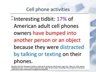 Interesting tidbit:  17%  of American adult cell phones owners  have bumped into another person or an object  because they were  distracted by talking or texting  on their phones. Cell phone activities 