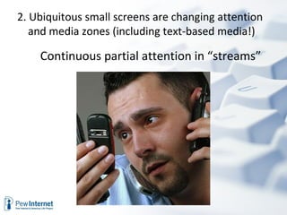 Continuous partial attention in “streams” 2. Ubiquitous small screens are changing attention and media zones (including text-based media!)  