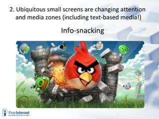 Info-snacking  2. Ubiquitous small screens are changing attention and media zones (including text-based media!)  
