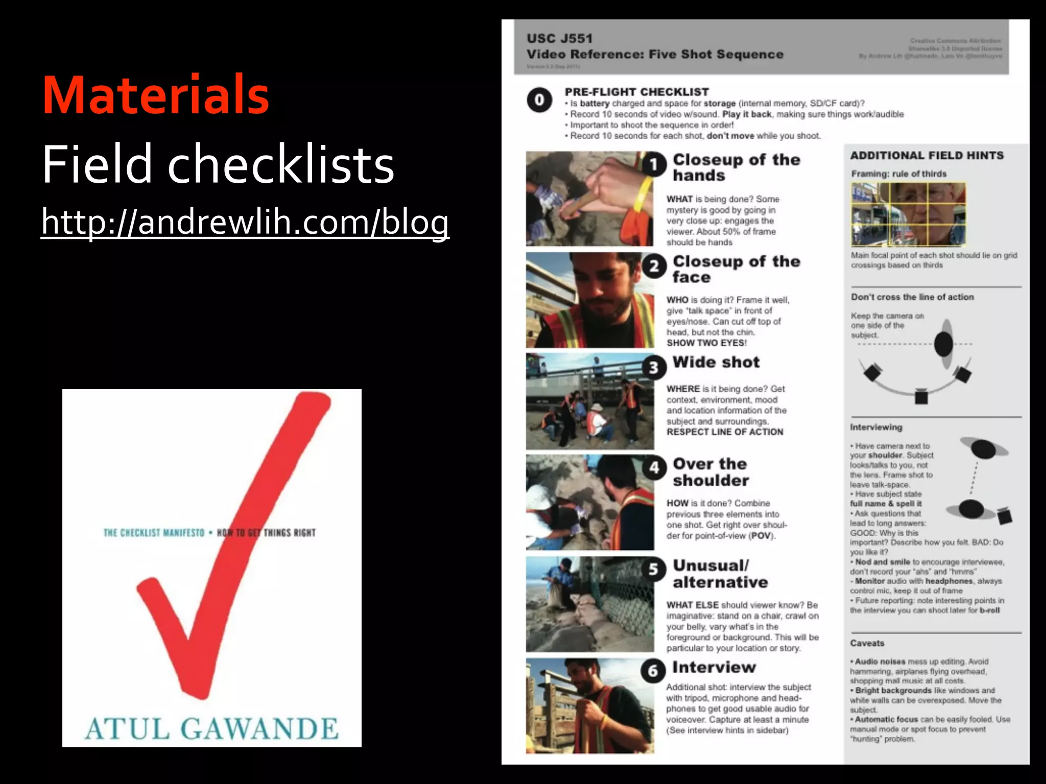 Materials
Field checklists
http://andrewlih.com/blog
 