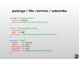 package / ﬁle /service / subscribe

package { 'openssh-server':
  ensure => present,
  before => File['/etc/ssh/sshd_config'],
}

file { '/etc/ssh/sshd_config':
  ensure => file,
  mode   => 600,
  source => '/root/learning-manifests/sshd_config',
}

service { 'sshd':
  ensure     => running,
  enable     => true,
  hasrestart => true,
  hasstatus => true,
  subscribe => File['/etc/ssh/sshd_config'],
}
 