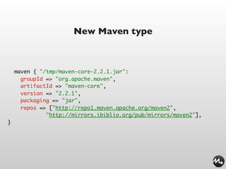 New Maven type



    maven { "/tmp/maven-core-2.2.1.jar":
      groupId => "org.apache.maven",
      artifactId => "maven-core",
      version => "2.2.1",
      packaging => "jar",
      repos => ["http://repo1.maven.apache.org/maven2",
              "http://mirrors.ibiblio.org/pub/mirrors/maven2"],
}
 