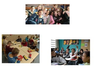 Paquete esoclar: La Escuela Pacífica,
Eduniek
• 200 escuelas primarias lo usan
• No son clases sobre distintas culturas
• En los primeros grados los alumos
evalúan sus familias y trasfondo propio: en
2do. de Básica se trata más bien de la
clase, en el 5to. - 7mo. de Básica se
analiza la sociedad como conjunto.
• Ejemplo: los alumnos entrevistan a dos
niños en la escuela que son muy
diferentes de ellos mismos.
• En 5to. de Básica las escuelas buscan
otra populación estudiantil para
intercambiar y poner a los niños en
contacto.
 