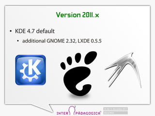 Version 2011.x
   KDE 4.7 default
       additional GNOME 2.32, LXDE 0.5.5
 