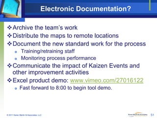 Electronic Documentation?
Archive the team’s work
Distribute the maps to remote locations
Document the new standard work for the process



Training/retraining staff
Monitoring process performance

Communicate the impact of Kaizen Events and
other improvement activities
Excel product demo: www.vimeo.com/27016122


Fast forward to 8:00 to begin tool demo.

© 2011 Karen Martin & Associates, LLC

51

 