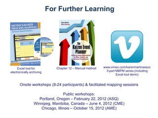 For Further Learning

Excel tool for
electronically archiving

Chapter 12 – Manual method

www.vimeo.com/karenmartinassoc
3-part MBPM series (including
Excel tool demo)

Onsite workshops (8-24 participants) & facilitated mapping sessions
Public workshops:
Portland, Oregon – February 22, 2012 (ASQ)
Winnipeg, Manitoba, Canada – June 4, 2012 (CME)
Chicago, Illinois – October 15, 2012 (AME)

 