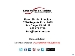 For Further Questions

Karen Martin, Principal
7770 Regents Road #635
San Diego, CA 92122
858.677.6799
ksm@ksmartin.com
Connect & learn
Monthly newsletter: www.ksmartin.com/subscribe

58

 
