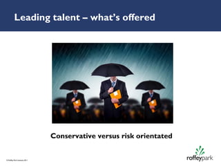Leading talent – what’s offered




                               Conservative versus risk orientated


© Roffey Park Institute 2011
 