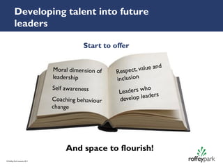 Developing talent into future
          leaders

                                   Start to offer




                               And space to flourish!
© Roffey Park Institute 2011
 