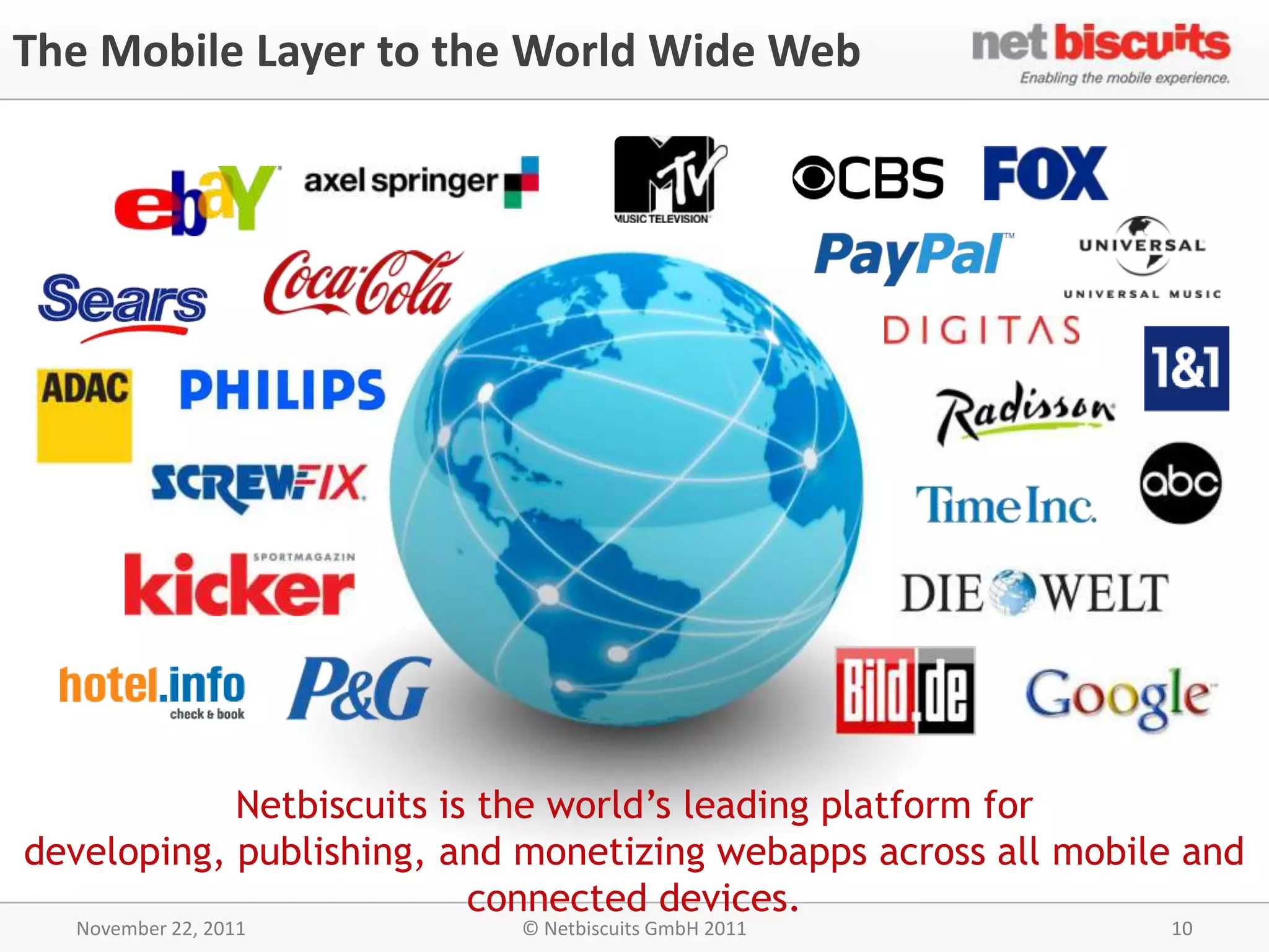 The Mobile Layer to the World Wide Web




            Netbiscuits is the world’s leading platform for
developing, publishing, and monetizing webapps across all mobile and
                          connected devices.
  November 22, 2011        © Netbiscuits GmbH 2011             10
 