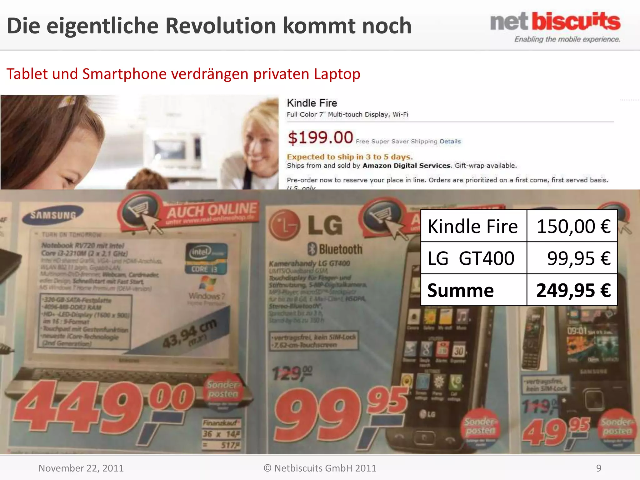 Die eigentliche Revolution kommt noch
Tablet und Smartphone verdrängen privaten Laptop




                                                            Kindle Fire 150,00 €
                                                            LG GT400     99,95 €
                                                            Summe       249,95 €




    November 22, 2011             © Netbiscuits GmbH 2011                     9
 