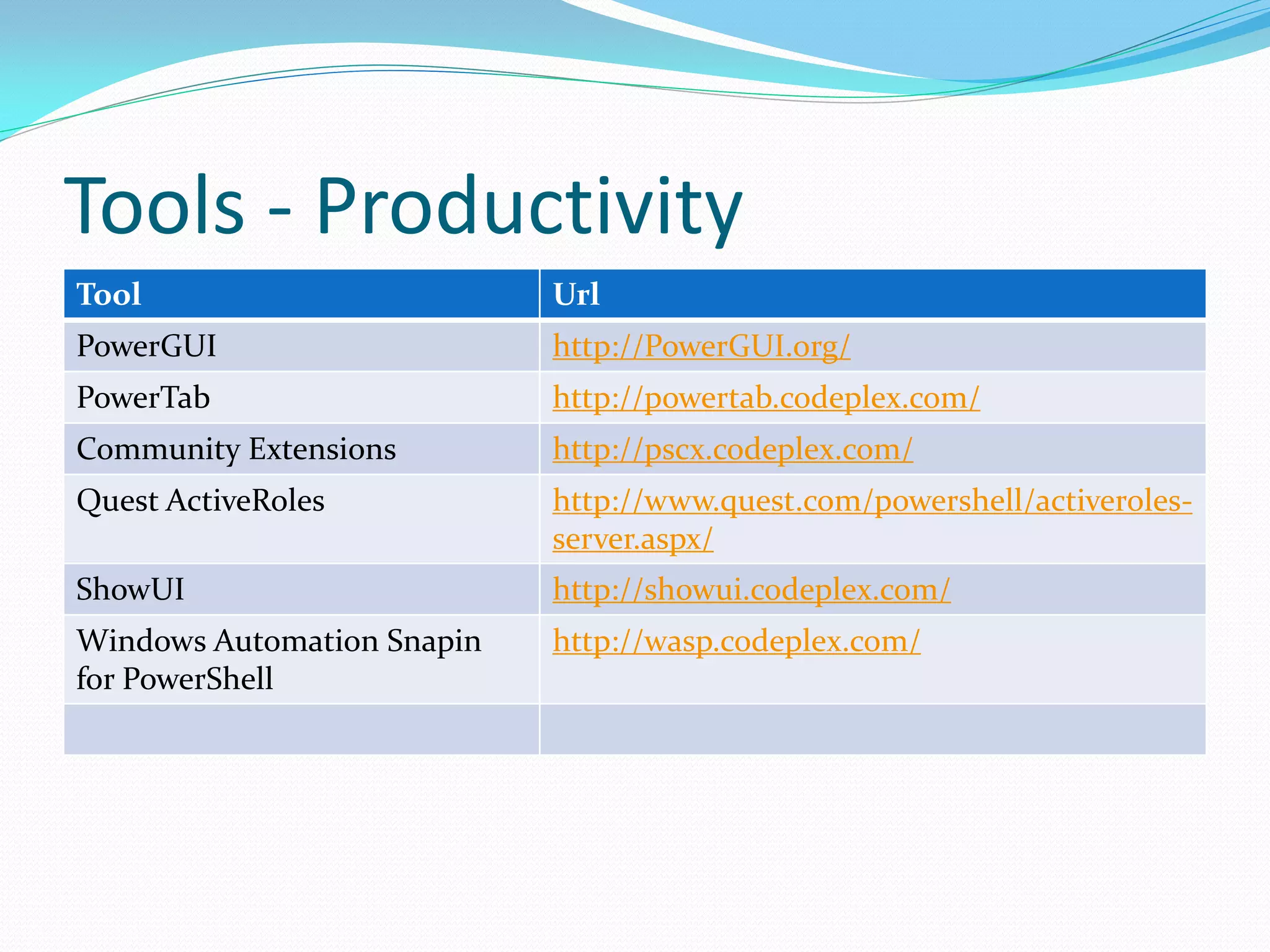 Tools - Productivity
Tool                        Url
PowerGUI                    http://PowerGUI.org/
PowerTab                    http://powertab.codeplex.com/
Community Extensions        http://pscx.codeplex.com/
Quest ActiveRoles           http://www.quest.com/powershell/activeroles-
                            server.aspx/
ShowUI                      http://showui.codeplex.com/
Windows Automation Snapin   http://wasp.codeplex.com/
for PowerShell
 