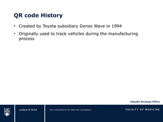 QR code History Created by Toyota subsidiary Denso Wave in 1994 Originally used to track vehicles during the manufacturing process 