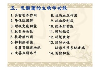 五、乳酸菌的生物学功能
1.具有营养作用
1.具有营养作用     8.抗高血压作用
             8.抗高血压作用
2.降低胆固醇
2.降低胆固醇      9.抗血栓形成
             9.抗血栓形成
3.增强免疫功能
3.增强免疫功能    10.改善肝功能
            10.改善肝功能
4.抗变异原性
4.抗变异原性     11.预防龋齿
            11.预防龋齿
5.抗肿瘤作用
5.抗肿瘤作用     12.延缓衰老
            12.延缓衰老
6.抑制病原菌，
6.抑制病原菌，    13.预防女性
            13.预防女性
  改善胃肠道功能      泌尿生殖系统疾病
7.改善血脂水平
7.改善血脂水平    14.其他功能
            14.其他功能
 