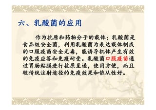 六、乳酸菌的应用
  作为抗原和药物分子的载体；乳酸菌是
食品级安全菌，利用乳酸菌为表达载体制成
的口服疫苗安全无毒，能诱导机体产生有效
的免疫应答和免疫耐受。乳酸菌口服疫苗通
的免疫应答和免疫耐受。乳酸菌口服疫苗
              口服疫苗通
过胃肠粘膜进行抗原呈递，使用方便，而且
较传统注射途径的免疫效果和依从性好。
 