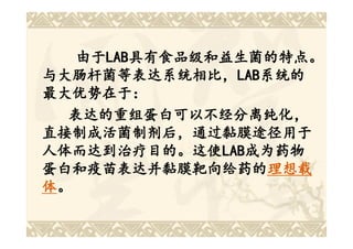 由于LAB具有食品级和益生菌的特点。
   由于LAB 具有食品级和益生菌的特点。
     LAB具有食品级和益生菌的特点
与大肠杆菌等表达系统相比，LAB系统的
与大肠杆菌等表达系统相比，LAB LAB系统的
最大优势在于：
最大优势在于：
  表达的重组蛋白可以不经分离纯化，
  表达的重组蛋白可以不经分离纯化，
直接制成活菌制剂后，通过黏膜途径用于
人体而达到治疗目的。这使LAB成为药物
人体而达到治疗目的。这使LABLAB成为药物
蛋白和疫苗表达并黏膜靶向给药的理想载
蛋白和疫苗表达并黏膜靶向给药的理想载
体。
 