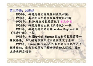 第三阶段：20世纪
  1900年，梅契尼科夫发现保利亚乳杆菌；
  1900年，梅契尼科夫发现保利亚乳杆菌；
  1900年，奥地利医生莫罗发现嗜酸乳杆菌；
  1900年，奥地利医生莫罗发现嗜酸乳杆菌；
  1900年，奥拉•詹森对乳酸菌做了首次分类；
  1900年，奥拉 詹森对乳酸菌做了首次分类  首次分类；
  1905年，梅契尼科夫出版《长寿说》一书；
  1905年，梅契尼科夫出版 长寿说》
      年，梅契尼科夫出版《
  1911年，梅契尼科夫的同事Louden Duglas出版
  1911年，梅契尼科夫的同事
      年，梅契尼科夫的同事Louden Duglas出版
《长寿杆菌》一书;
 长寿杆菌》一书;
  1915年，美国Daviel Newmam首次利用乳酸菌资料
  1915年，美国
      年，美国Daviel Newmam首次利用乳酸菌资料
膀胱感染，为乳酸菌在临床方面应用奠定了基础；
  1919年，Isaac Carasso在巴塞罗那工业化生产并
  1919年，
      年，Isaac Carasso在巴塞罗那工业化生产并
销售酸奶，最初目的是为了帮助治疗幼儿腹泻，因此
主要在药店销售；
 