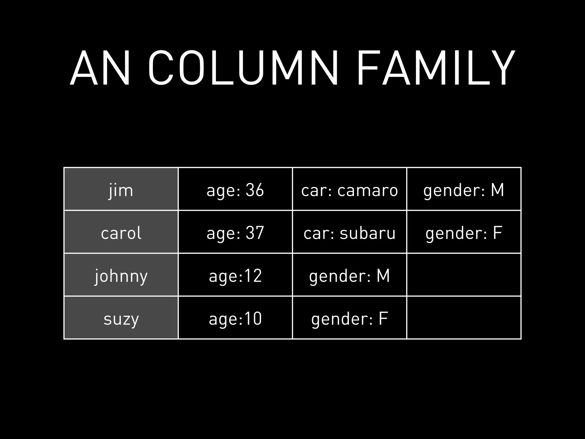 AN COLUMN FAMILY

 jim     age: 36   car: camaro   gender: M

 carol   age: 37   car: subaru   gender: F

johnny   age:12    gender: M

 suzy    age:10     gender: F
 