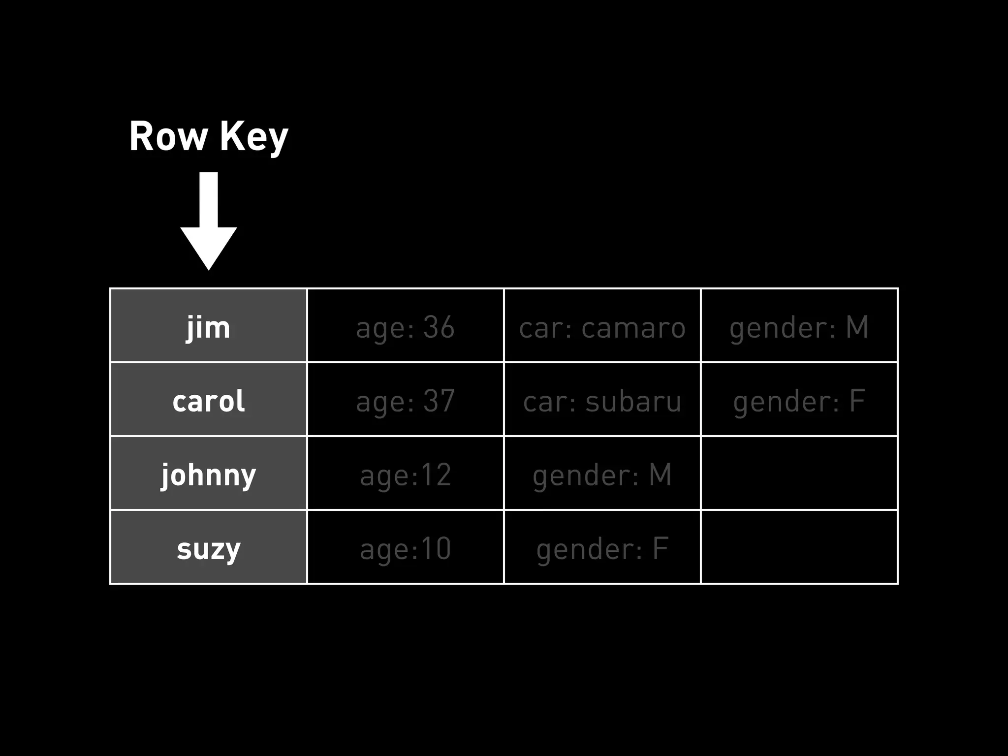 Row Key



  jim     age: 36   car: camaro   gender: M

 carol    age: 37   car: subaru   gender: F

 johnny   age:12    gender: M

  suzy    age:10     gender: F
 