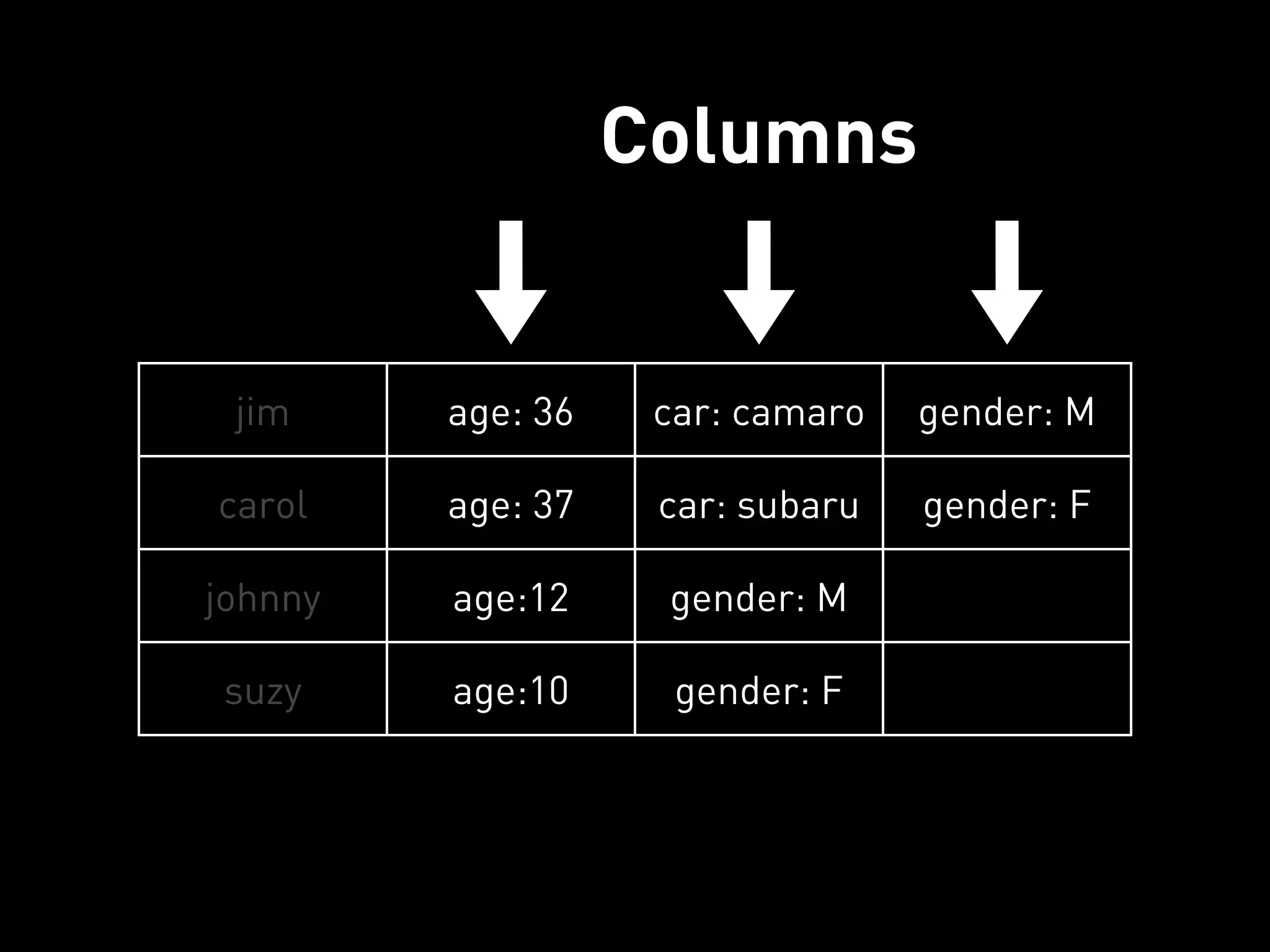 Columns


 jim     age: 36    car: camaro   gender: M

carol    age: 37    car: subaru   gender: F

johnny   age:12     gender: M

suzy     age:10      gender: F
 