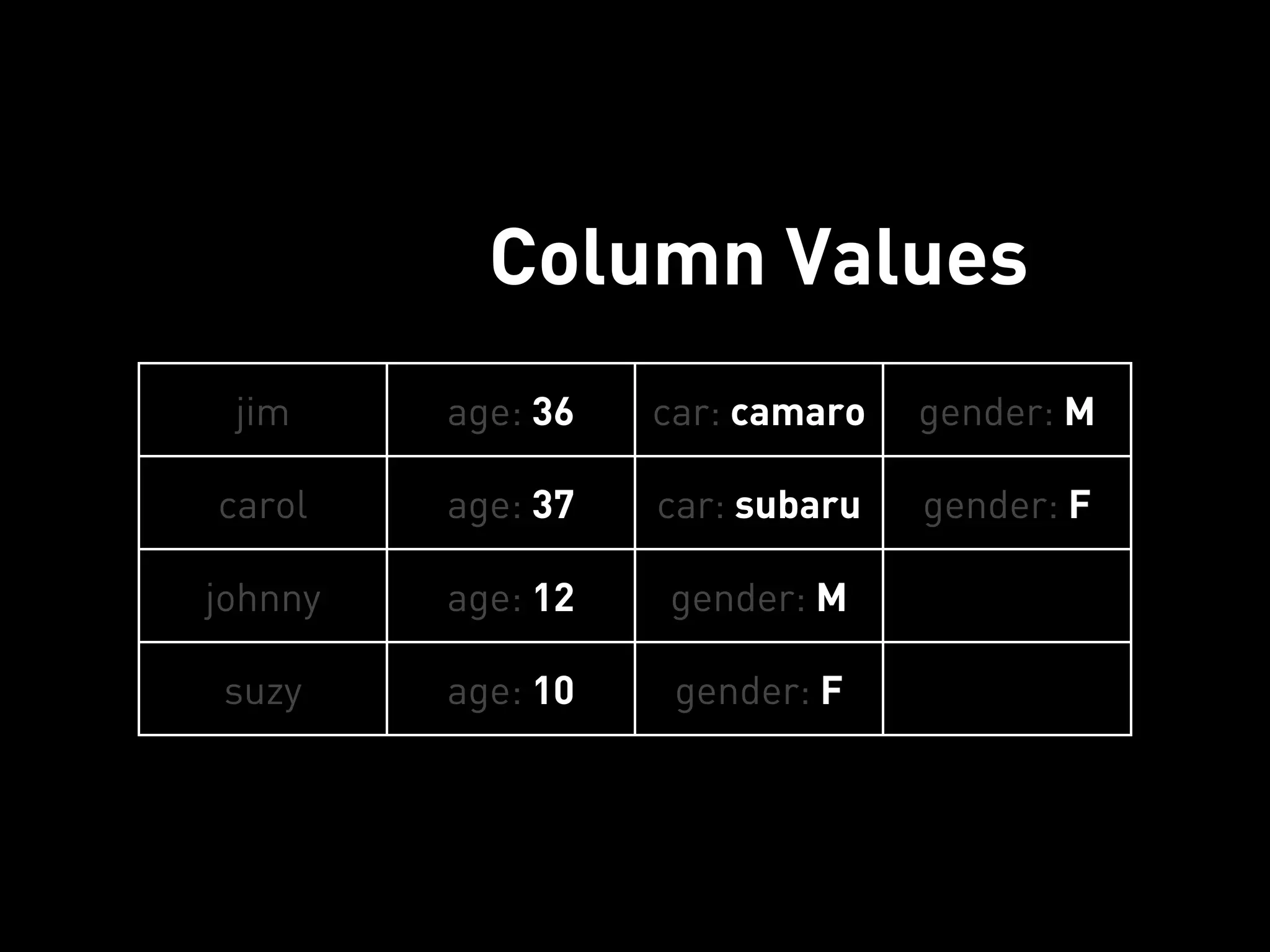 Column Values
 jim     age: 36   car: camaro   gender: M

carol    age: 37   car: subaru   gender: F

johnny   age: 12   gender: M

suzy     age: 10    gender: F
 