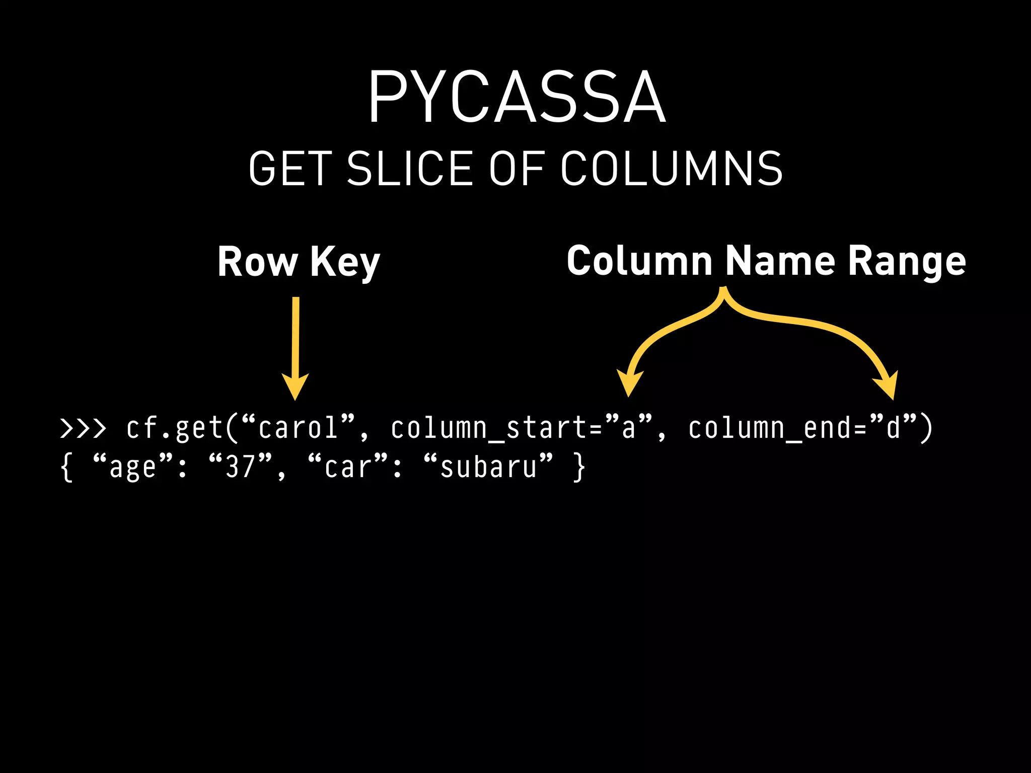 PYCASSA
           GET SLICE OF COLUMNS
         Row Key              Column Name Range


>>> cf.get(“carol”, column_start=”a”, column_end=”d”)
{ “age”: “37”, “car”: “subaru” }
 