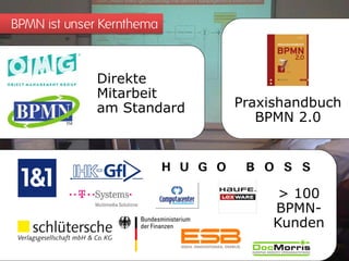 BPMN ist unser Kernthema



              Direkte
              Mitarbeit
              am Standard   Praxishandbuch
                               BPMN 2.0




                                  > 100
                                 BPMN-
                                 Kunden
 