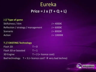 Eureka
                        Price = J x (T + Q + L)
J // Type of game
Skilfulness / Aim                         J = 4000€
Reflection / strategy / management        J = 6000€
Scenario                                  J = 8000€
Action                                    J = 10000€

T // EXISTING Technology
Flash 2D                  T=0
Flash 3D or boosted       T=1
3D Engine                 T = 2 (+ licence cost)
Bad technology T = 3 (+ licence cost?  very bad techno)
 